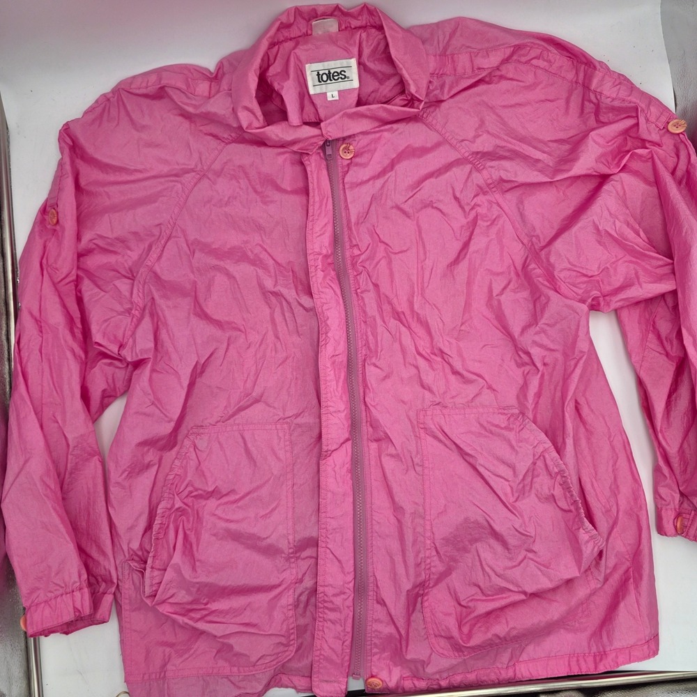 Vintage Totes Pink Nylon Rain Jacket Windbreaker Large Water Repellent Zip Up